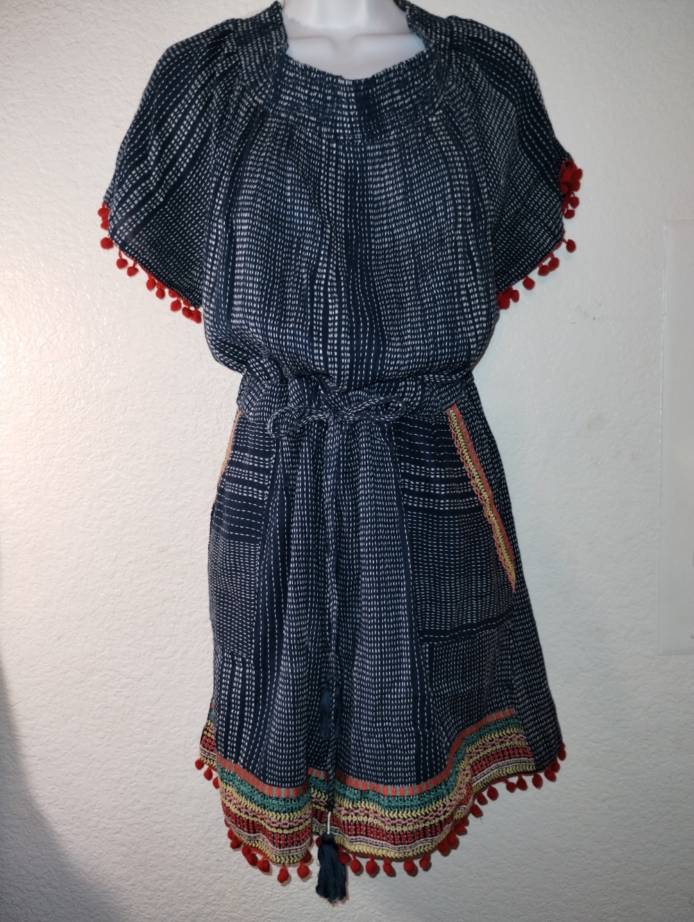 THML Romper Boho Navy Pom Pom Tie-Waist with Colorful Trim Size XL